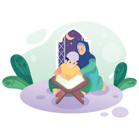 Muslim woman and kid reading Holy Quran  Illustration