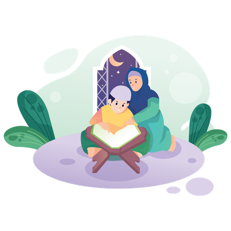 Muslim woman and kid reading Holy Quran  일러스트레이션