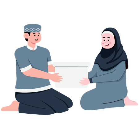 Muslim Woman and Man Praying and Handing Over Zakat for Eid  Illustration