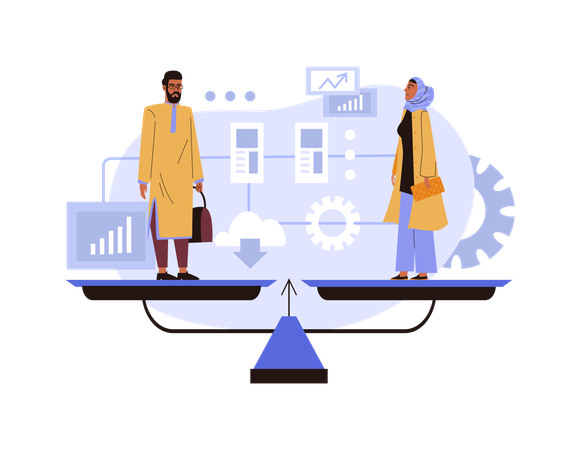 Muslim woman and man standing on the scale in balance  Illustration