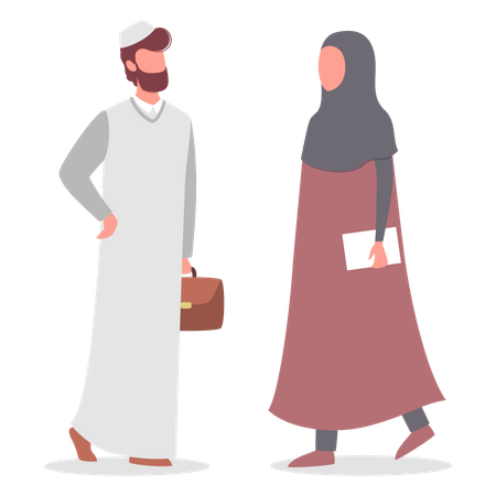 Muslim woman and man talk to each other Illustration