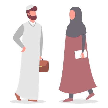 Muslim Woman And Man Talk To Each Other Arabian Business Man Wearing Traditional Clothes Woman Wearing Hijab Islam Religion Isolated Vector Illustration Illustration