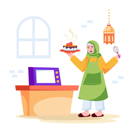 Muslim woman baking cake Illustration