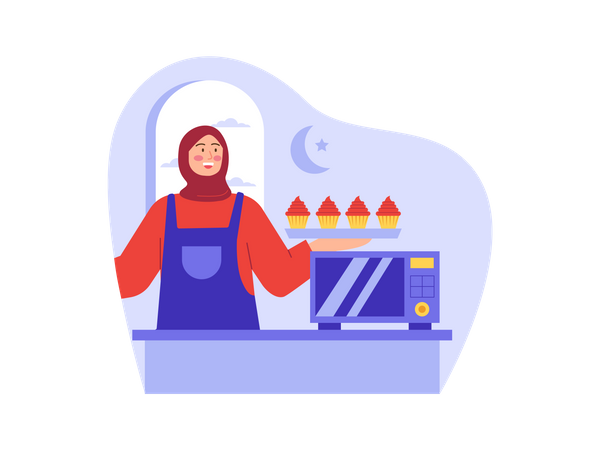 Muslim woman baking cookies  Illustration