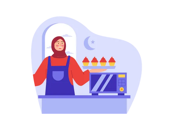 Muslim woman baking cookies  Illustration