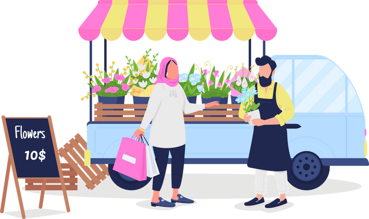 Muslim woman buying flowers from Caucasian man  Illustration