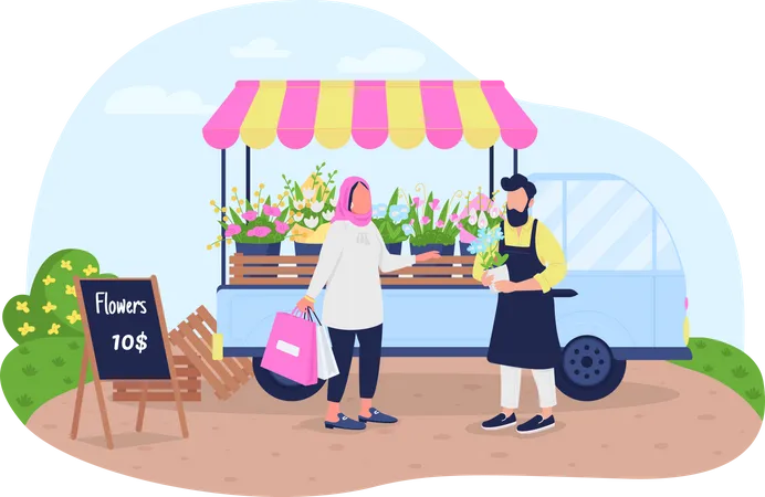 Muslim woman buying flowers from floral van  Illustration