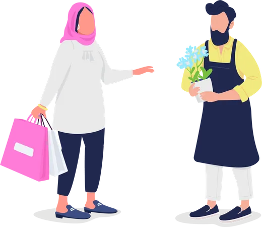 Muslim Woman Buying Flowers From Florist Flat Color Vector Faceless Characters Shopping For Bouquets Flower Shop Retail Service Isolated Cartoon Illustration For Web Graphic Design And Animation イラスト