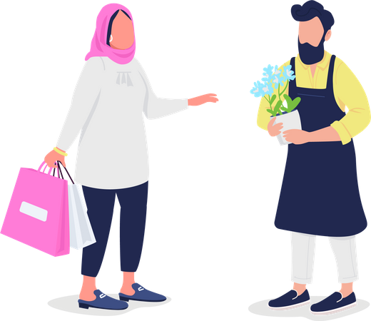 Muslim woman buying flowers from florist  Illustration