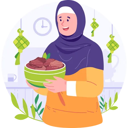 Muslim Woman Carrying Food Illustration Illustration