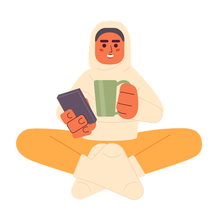 Muslim woman chilling with smartphone  Illustration