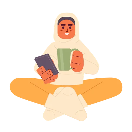 Muslim woman chilling with smartphone  イラスト
