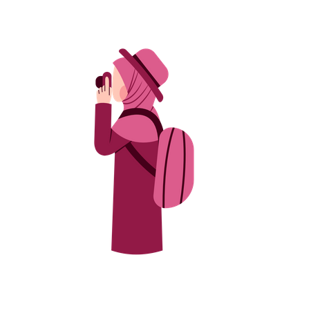 Muslim woman click picture while traveling  Illustration