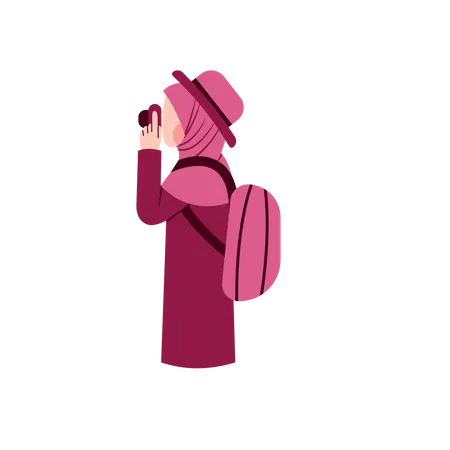 Muslim woman click picture while traveling  Illustration