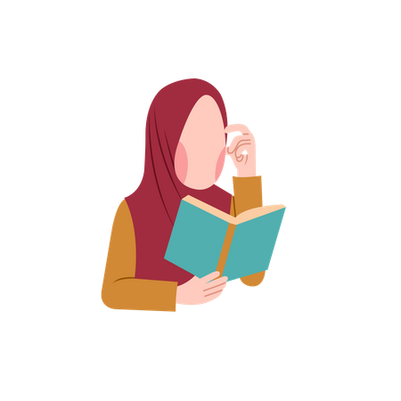 Muslim woman confused while reading book  Illustration