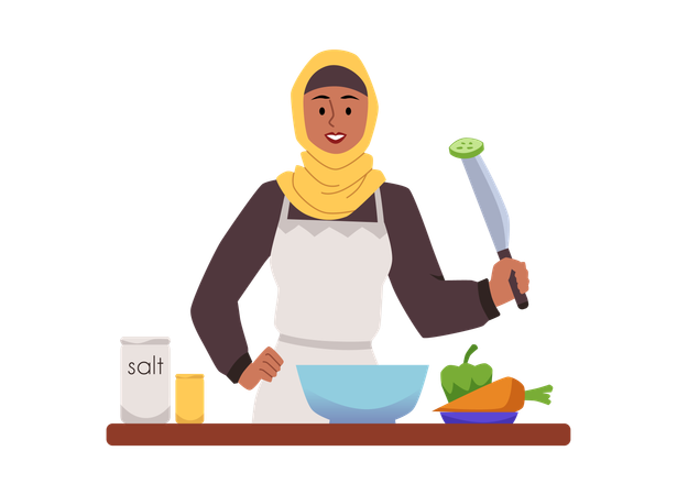 キッチンで料理をするイスラム教徒の女性  イラスト