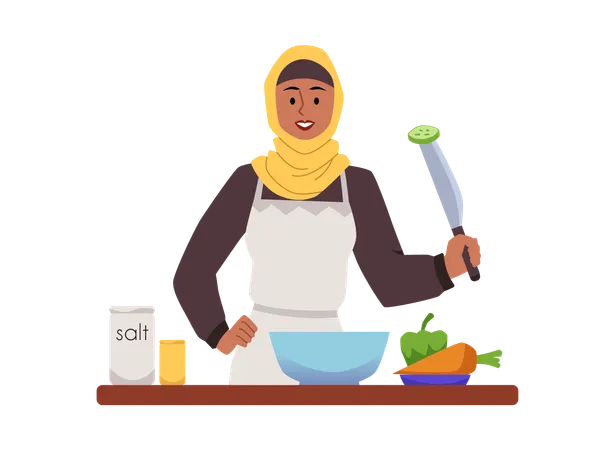 キッチンで料理をするイスラム教徒の女性  イラスト