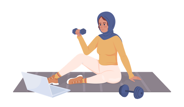 Muslim woman doing exercises using laptop  Illustration