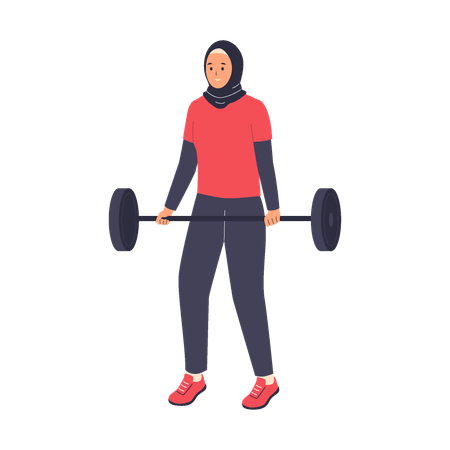 Muslim woman doing lifting exercise using barbell  Illustration