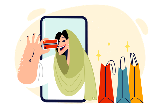 Muslim woman doing online shopping  Illustration