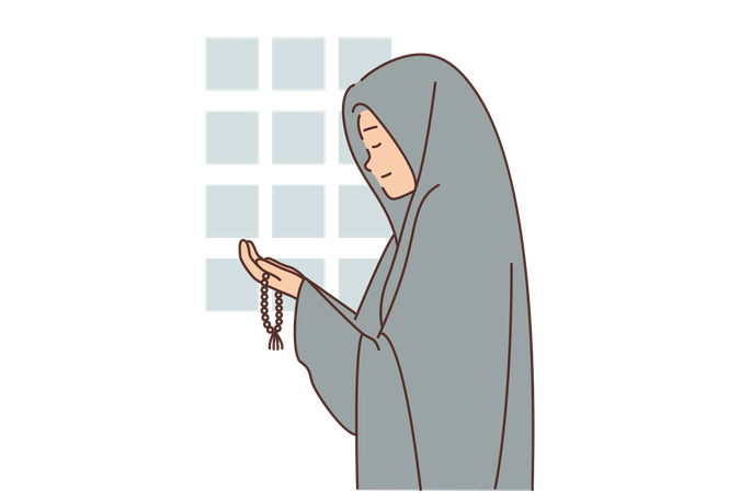Muslim woman dressed in chador prays in mosque  イラスト