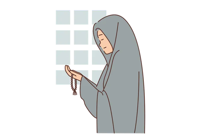 Muslim Woman Dressed In Chador Prays In Mosque Or Performs Namaz Asking Allah For Help Religious Girl Believing In Islam And Muslim Pray Turning To Prophet Muhammed In Holy Month Of Ramadan Illustration