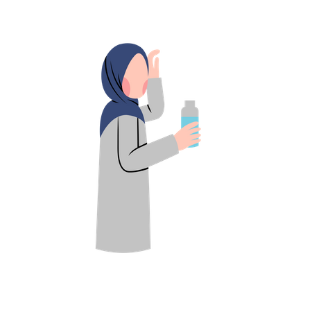 Muslim woman drinking water from water bottle Illustration