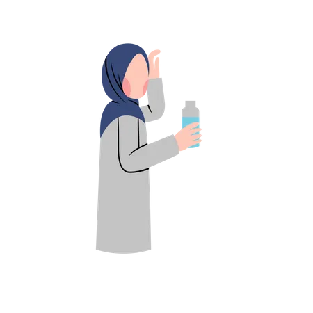 Muslim woman drinking water from water bottle  Illustration