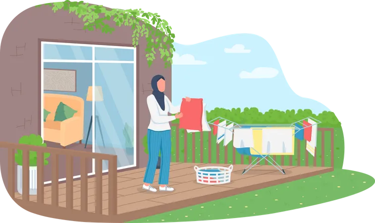 Muslim Woman Drying Laundry Outside 2 D Vector Web Banner Poster Girl With Clean Clothes Flat Characters On Cartoon Background Housekeeping Spring Cleaning Printable Patch Colorful Web Element Illustration