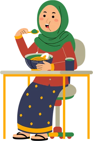 Muslim Woman Eating Noodle Illustration