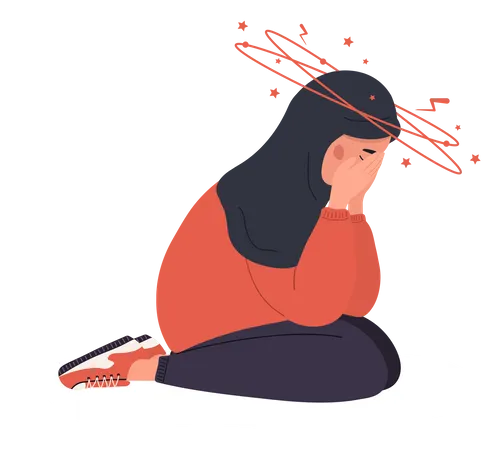 Iron Deficiency Anemia Sad Arabic Woman With Headache Sitting On Floor Unhappy Girl Suffers From Vertigo And Needs Medical Help Health Protection Concept Vector Illustration In Cartoon Style Illustration