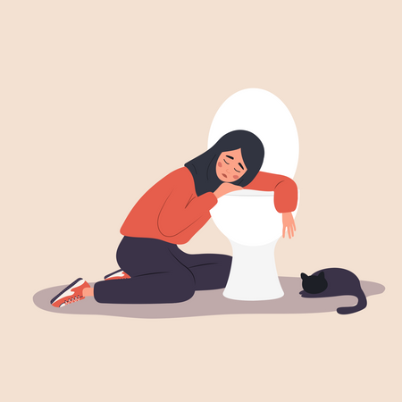 Muslim woman feeling nausea while sitting near toilet seat Illustration