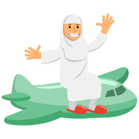 Muslim woman flying towards hajj  Illustration