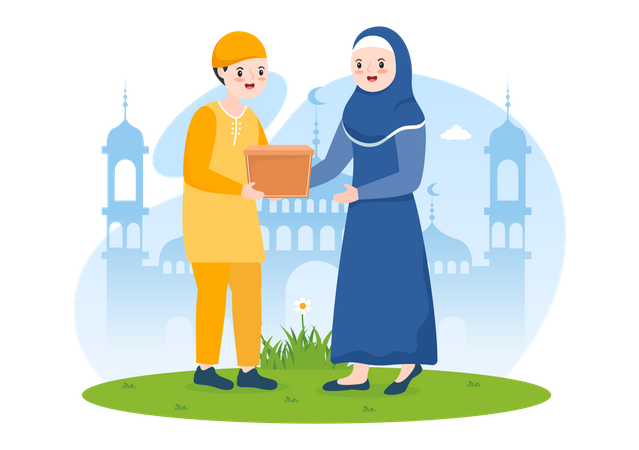 Muslim Woman Giving Alms to Man  Illustration