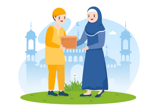 Muslim Woman Giving Alms to Man  Illustration