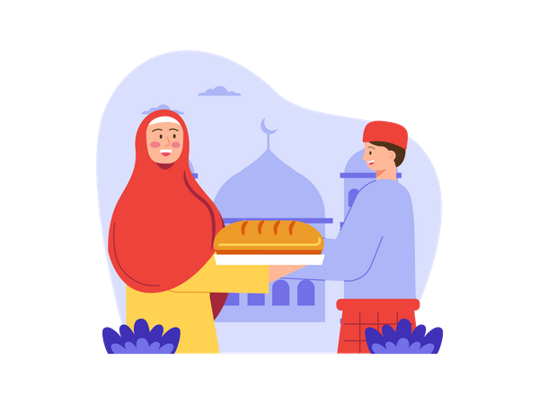 Muslim woman giving food  Illustration