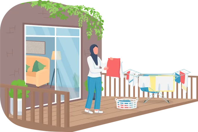 Muslim woman hanging laundry outside  Illustration