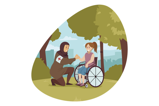 Muslim woman helping handicapped girl  Illustration