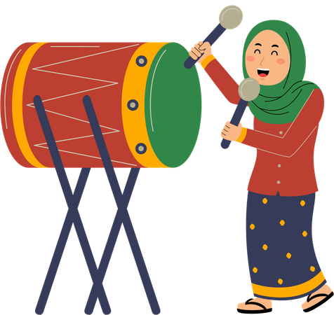Muslim woman hitting the drum  Illustration