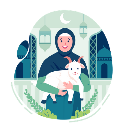 Muslim woman holding a goat on eid al-adha  Illustration