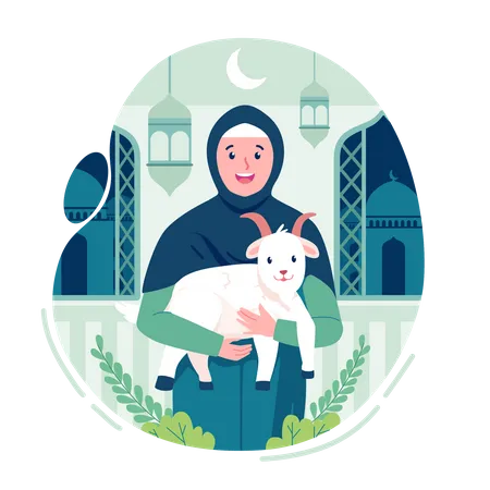 Muslim woman holding a goat on eid al-adha  Illustration