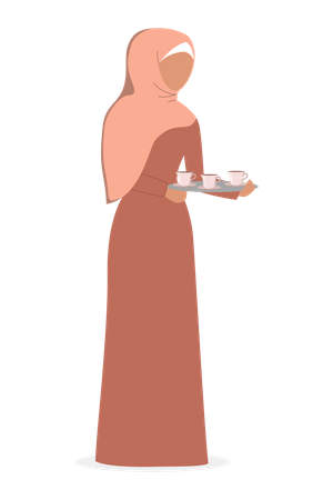 Muslim woman holding a tray with cup of tea Illustration