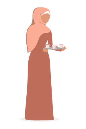 Muslim woman holding a tray with cup of tea  Illustration
