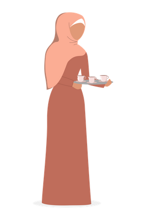 Muslim woman holding a tray with cup of tea  Illustration