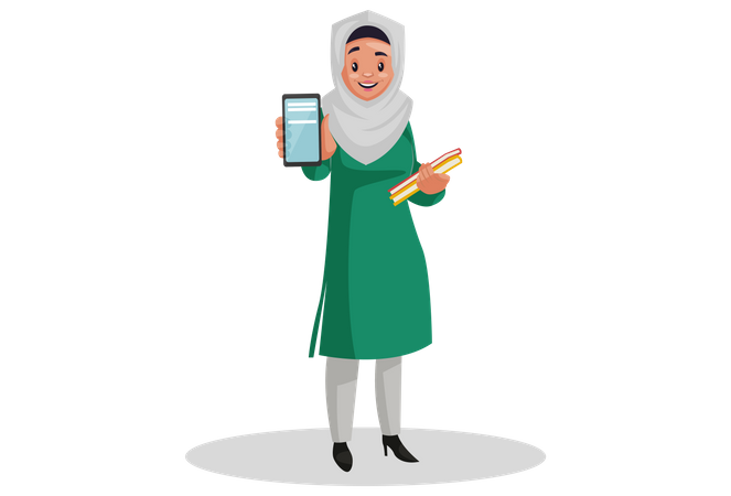 Muslim woman holding books in hand and showing the mobile phone  Illustration