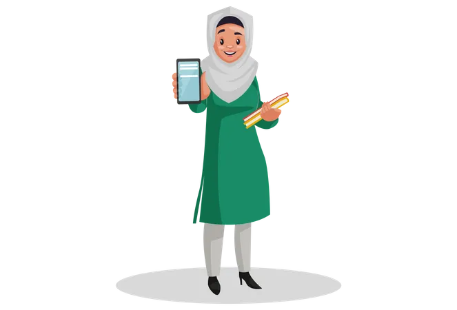 Muslim woman holding books in hand and showing the mobile phone  Illustration