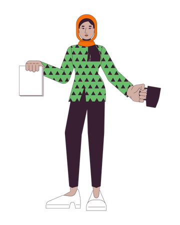 Muslim woman holding documents, cup  Illustration