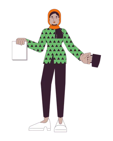 Muslim woman holding documents, cup  Illustration
