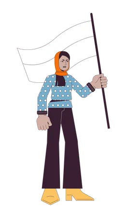 Muslim Woman Holding Flag Flat Line Color Vector Character Demonstration Unhappy Girl Editable Outline Full Body Person On White Protest Simple Cartoon Spot Illustration For Web Graphic Design Illustration
