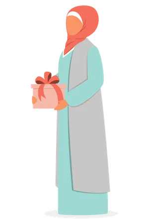 Muslim woman holding gift box Illustration